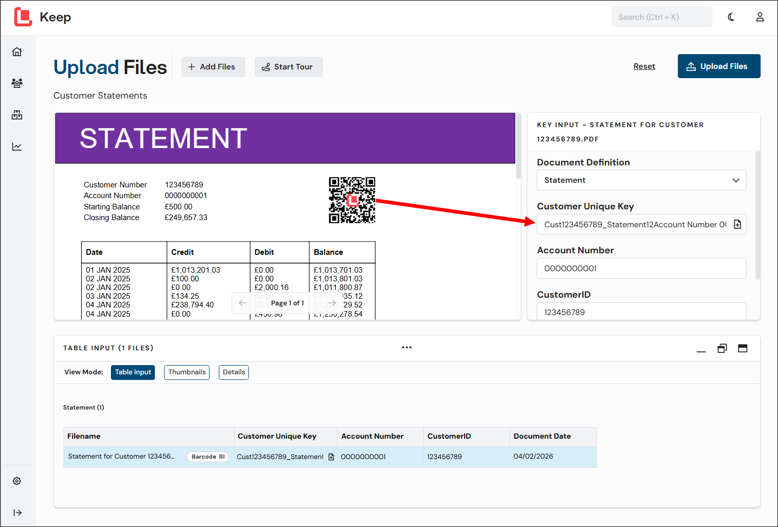 An upload with an arrow to show the key value that Keep read from a QR code in the upload file